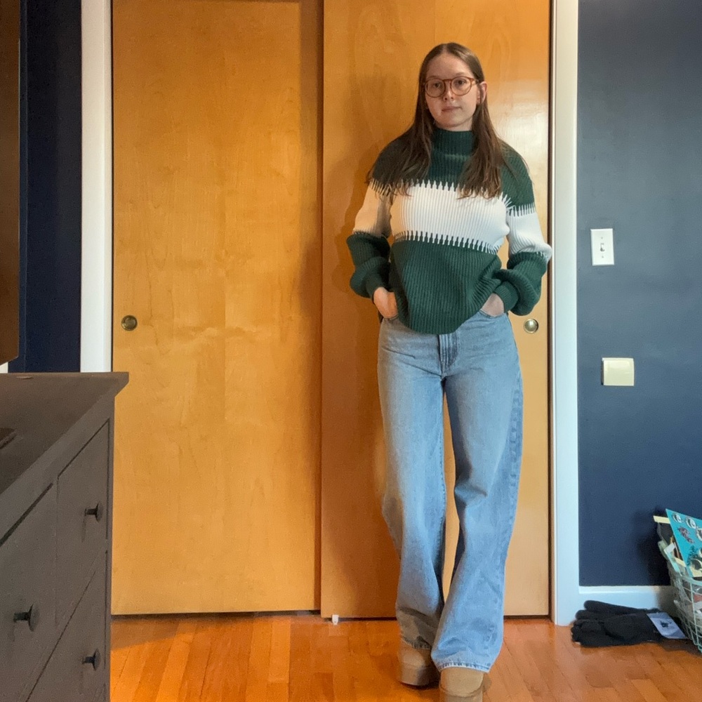 Green and White Stripe Vintage Inspired Mockneck Sweater